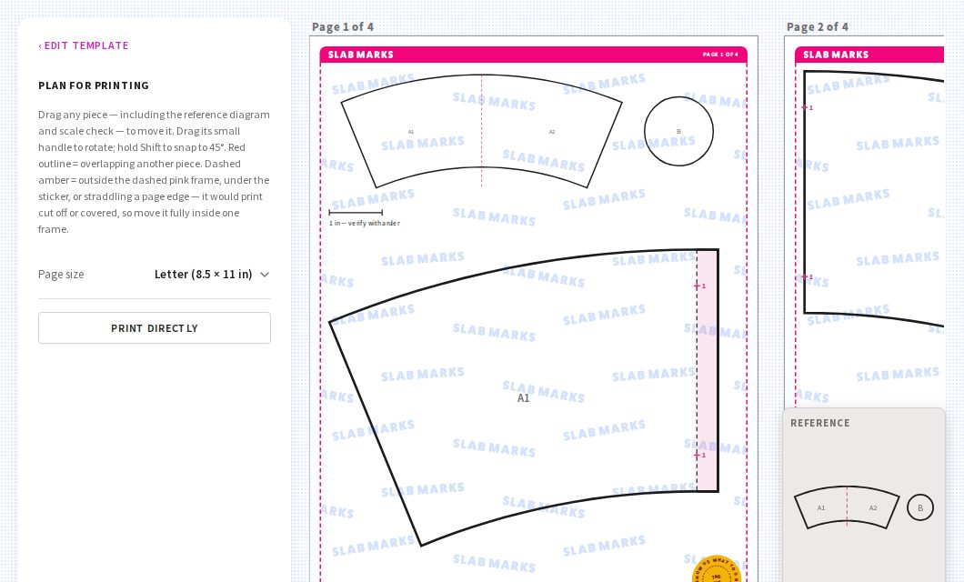 The Slab Marks print layout: the curved template split across Letter pages, with a 1-inch check bar