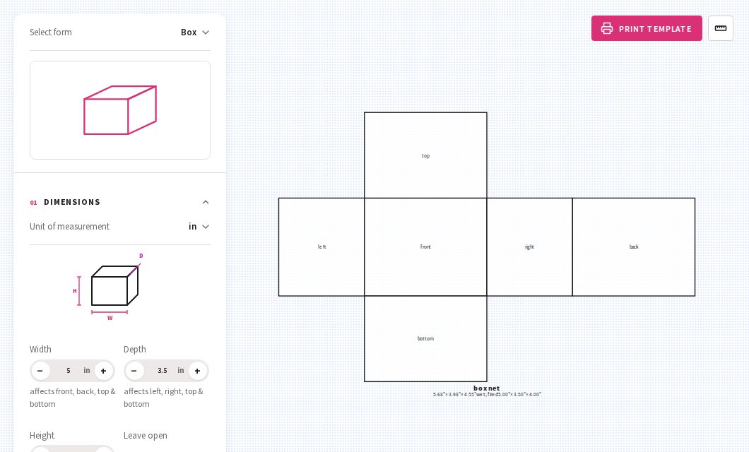 The Slab Marks template maker showing a box net: front, back, left, right, top and bottom panels laid out as a cross
