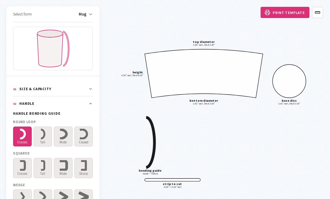 The Slab Marks template maker with a round loop handle selected: the full-size bending guide and the strip to cut, 5.69 inches long, below the mug template
