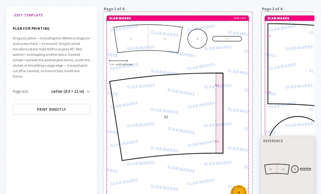 The Slab Marks print layout showing a mug template laid out on Letter pages, each with a 1-inch check bar