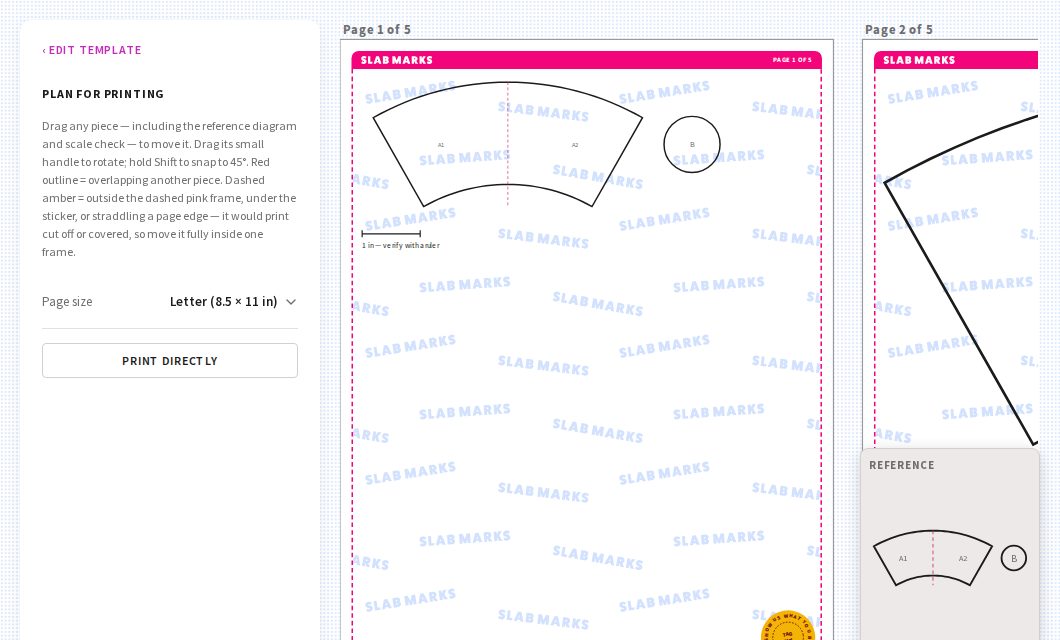 The Slab Marks print layout with the curved cup template split into two halves, A1 and A2, across Letter pages